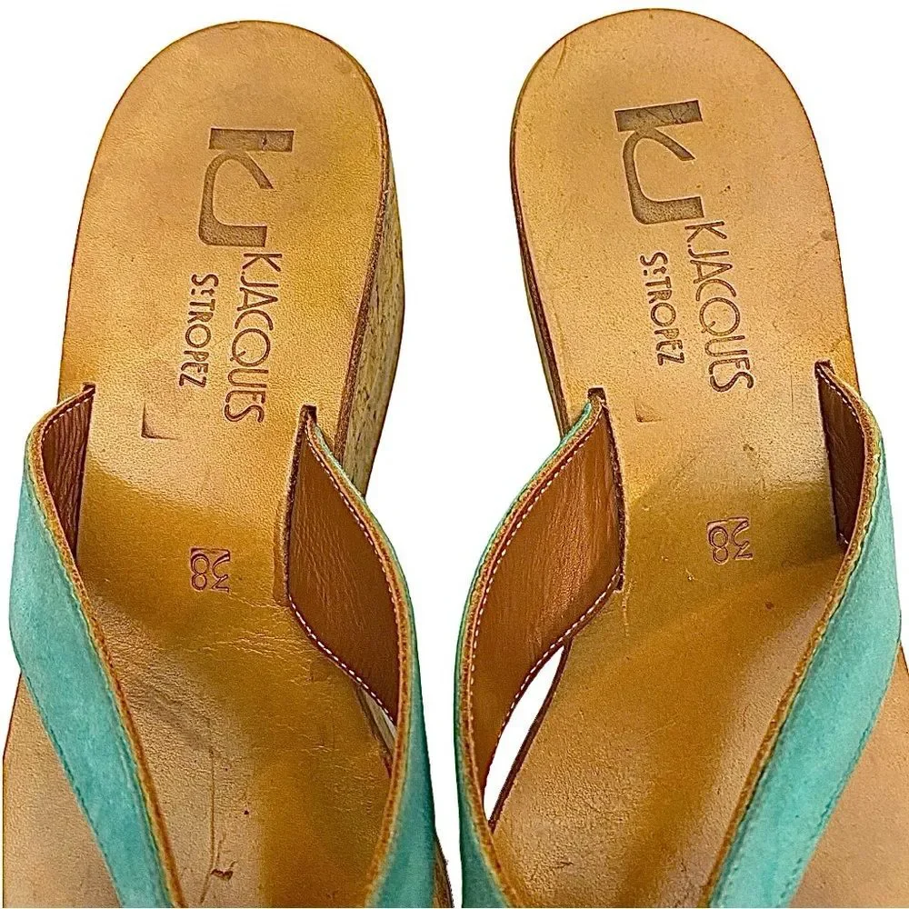 KJacques St Tropez Green Leather Cork Wedge Mule Sandals EU 38 US 7.5